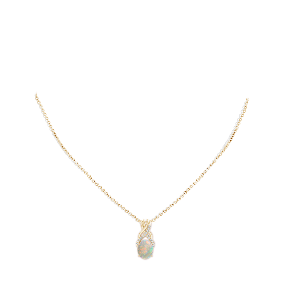 10x8mm AAAA Oval Opal Criss Cross Pendant with Diamonds in 18K Yellow Gold pen