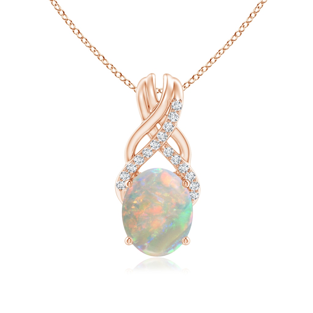 10x8mm AAAA Oval Opal Criss Cross Pendant with Diamonds in Rose Gold
