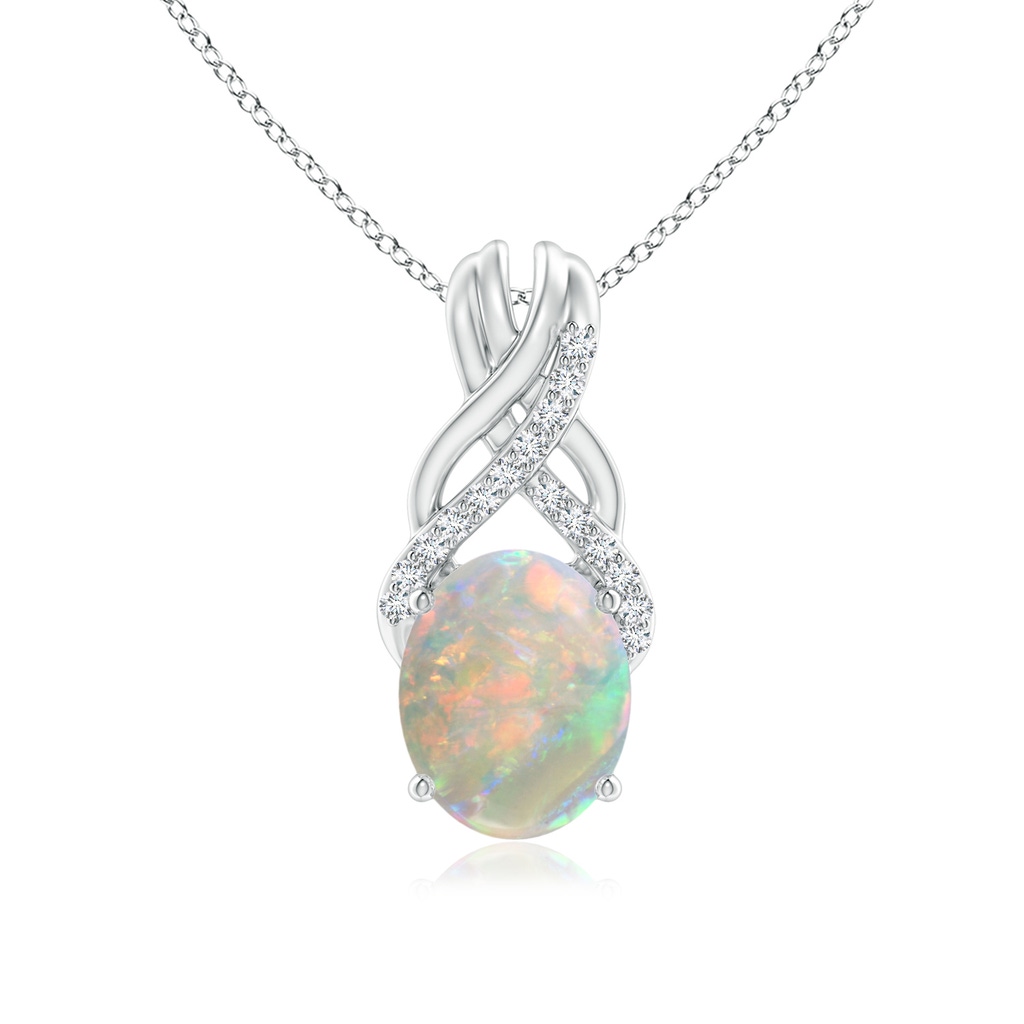 10x8mm AAAA Oval Opal Criss Cross Pendant with Diamonds in White Gold