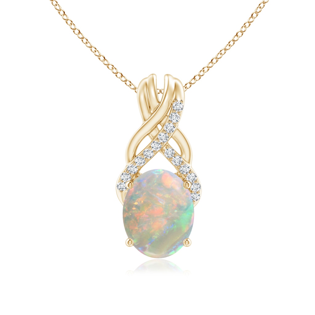 10x8mm AAAA Oval Opal Criss Cross Pendant with Diamonds in Yellow Gold