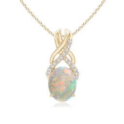 10x8mm AAAA Oval Opal Criss Cross Pendant with Diamonds in Yellow Gold