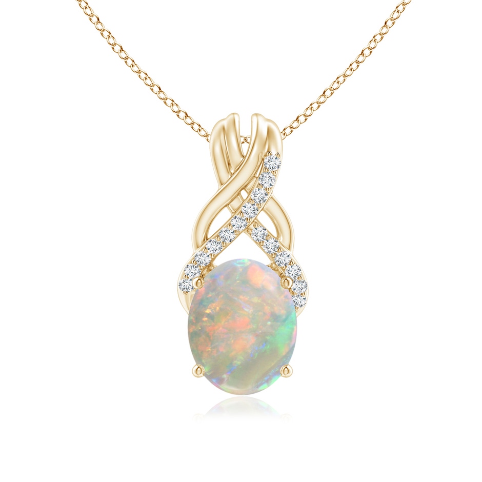 10x8mm AAAA Oval Opal Criss Cross Pendant with Diamonds in Yellow Gold 