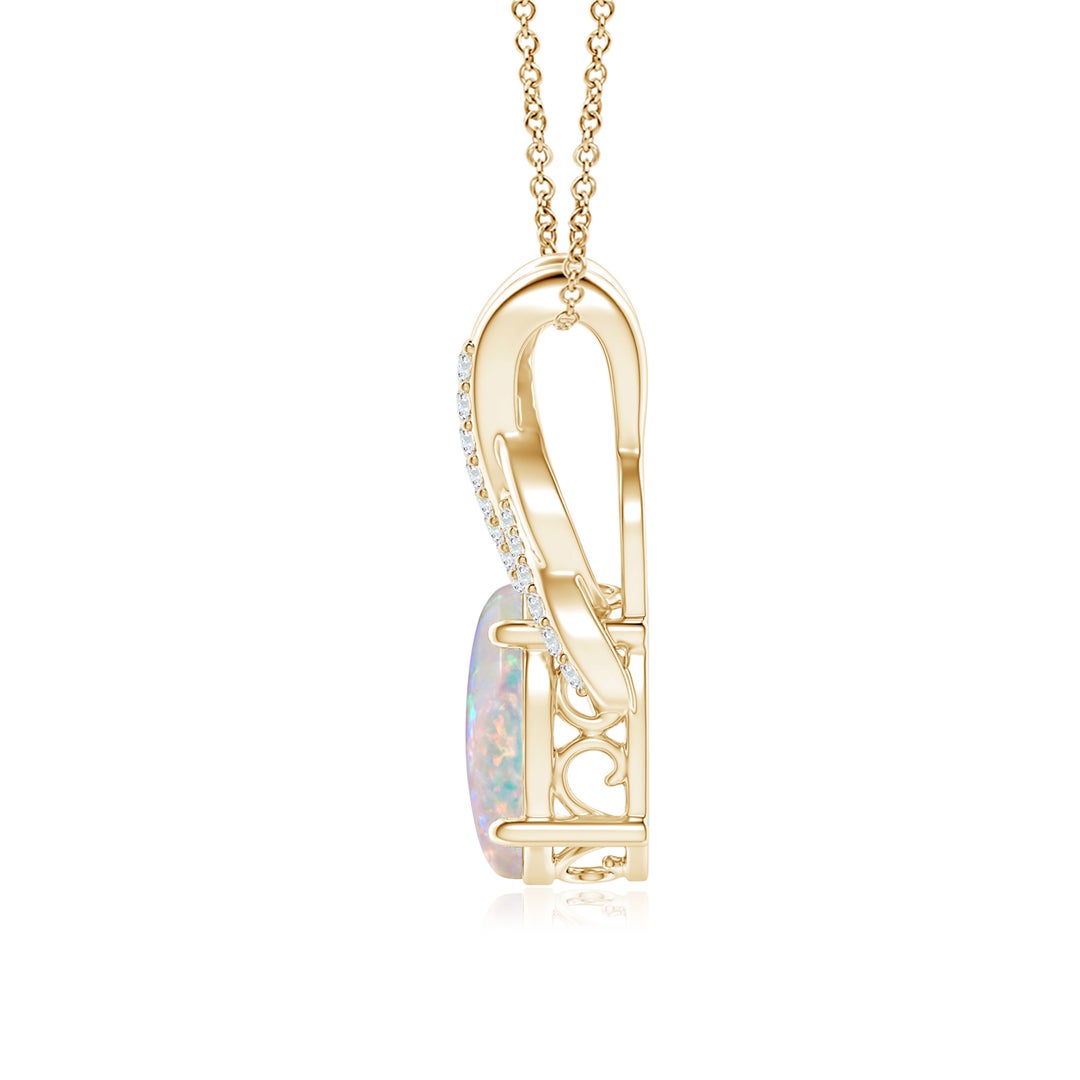 10x8mm AAAA Oval Opal Criss Cross Pendant with Diamonds in Yellow Gold - side 2