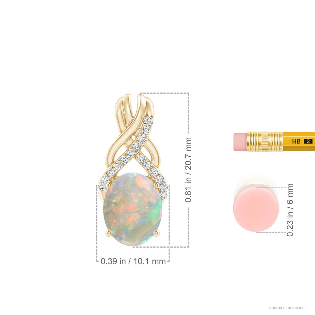 10x8mm AAAA Oval Opal Criss Cross Pendant with Diamonds in Yellow Gold - ruler