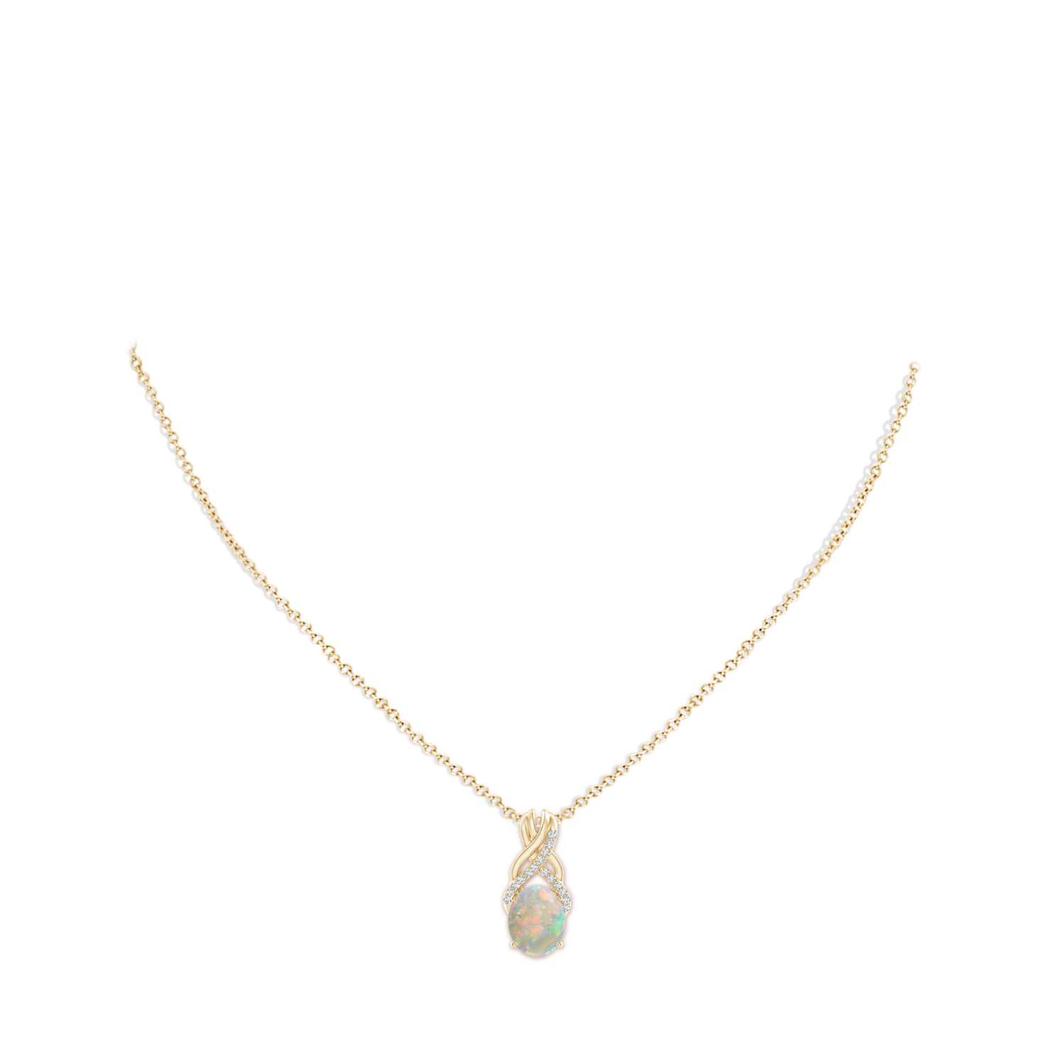 10x8mm AAAA Oval Opal Criss Cross Pendant with Diamonds in Yellow Gold - body_neck