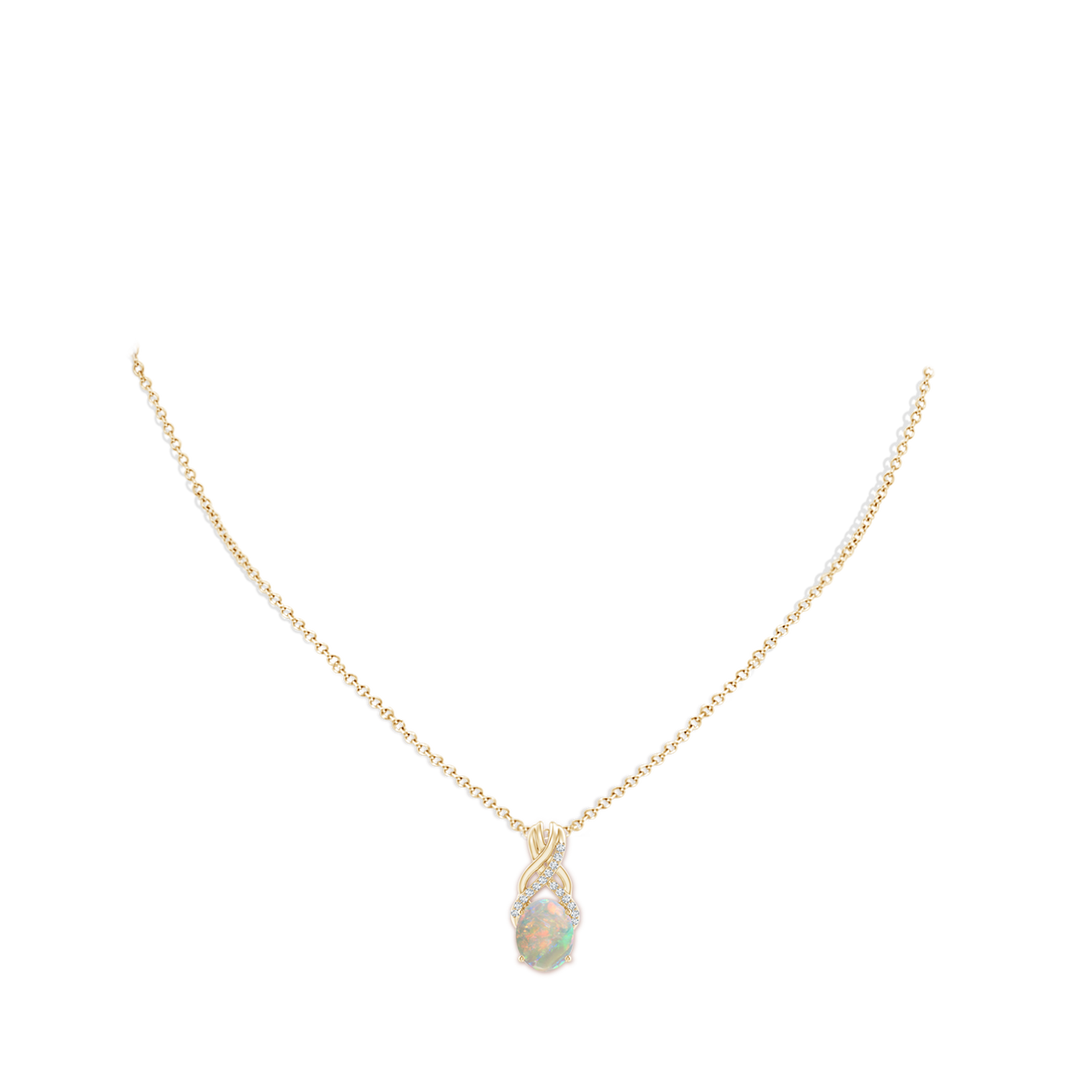 10x8mm AAAA Oval Opal Criss Cross Pendant with Diamonds in Yellow Gold - body_neck