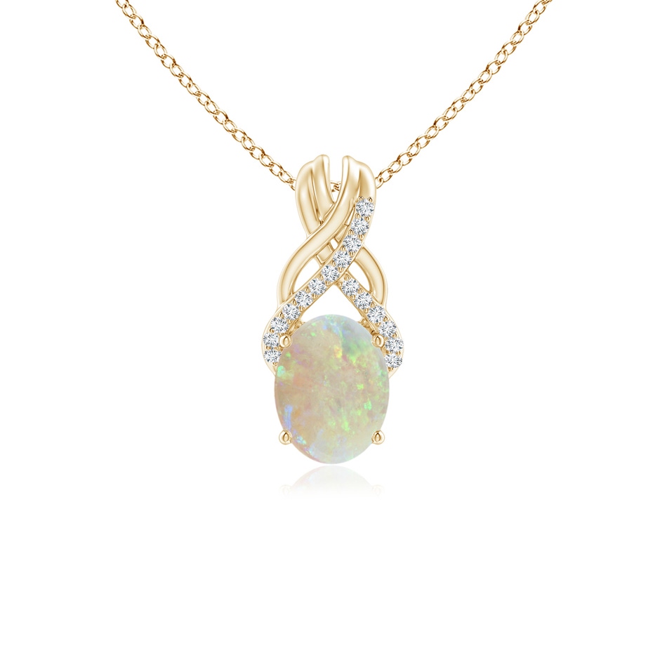 8x6mm AAA Oval Opal Criss Cross Pendant with Diamonds in Yellow Gold 