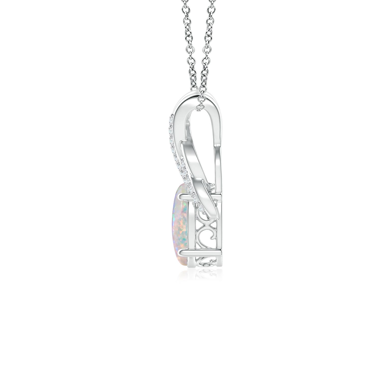 8x6mm AAAA Oval Opal Criss Cross Pendant with Diamonds in White Gold