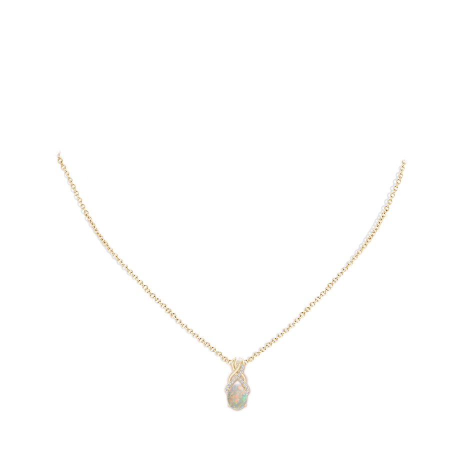 8x6mm AAAA Oval Opal Criss Cross Pendant with Diamonds in Yellow Gold pen