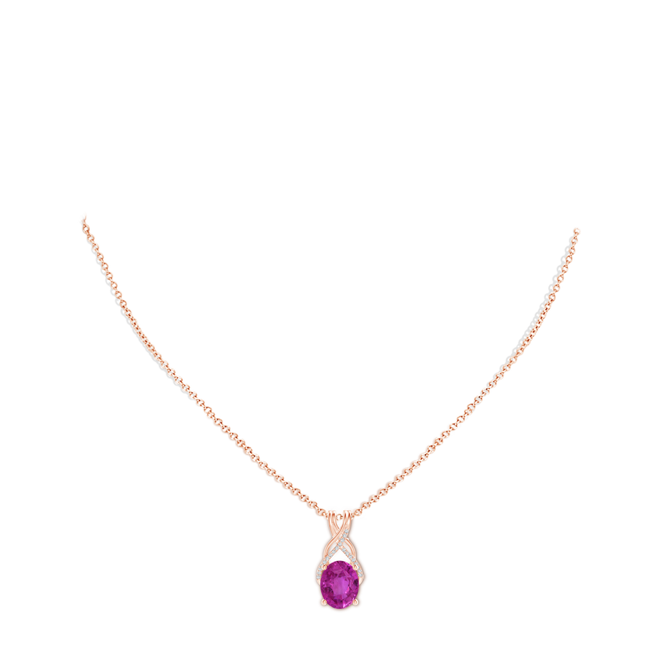 10.39x8.51x6.39mm AAA GIA Certified Oval Pink Sapphire Criss Cross Pendant with Diamonds in 18K Rose Gold pen