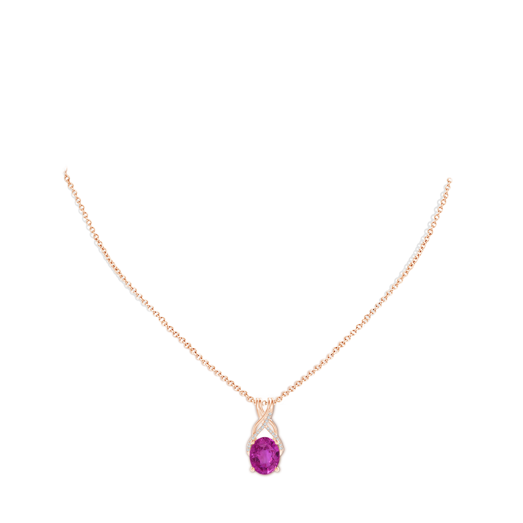 10.39x8.51x6.39mm AAA GIA Certified Oval Pink Sapphire Criss Cross Pendant with Diamonds in Rose Gold pen