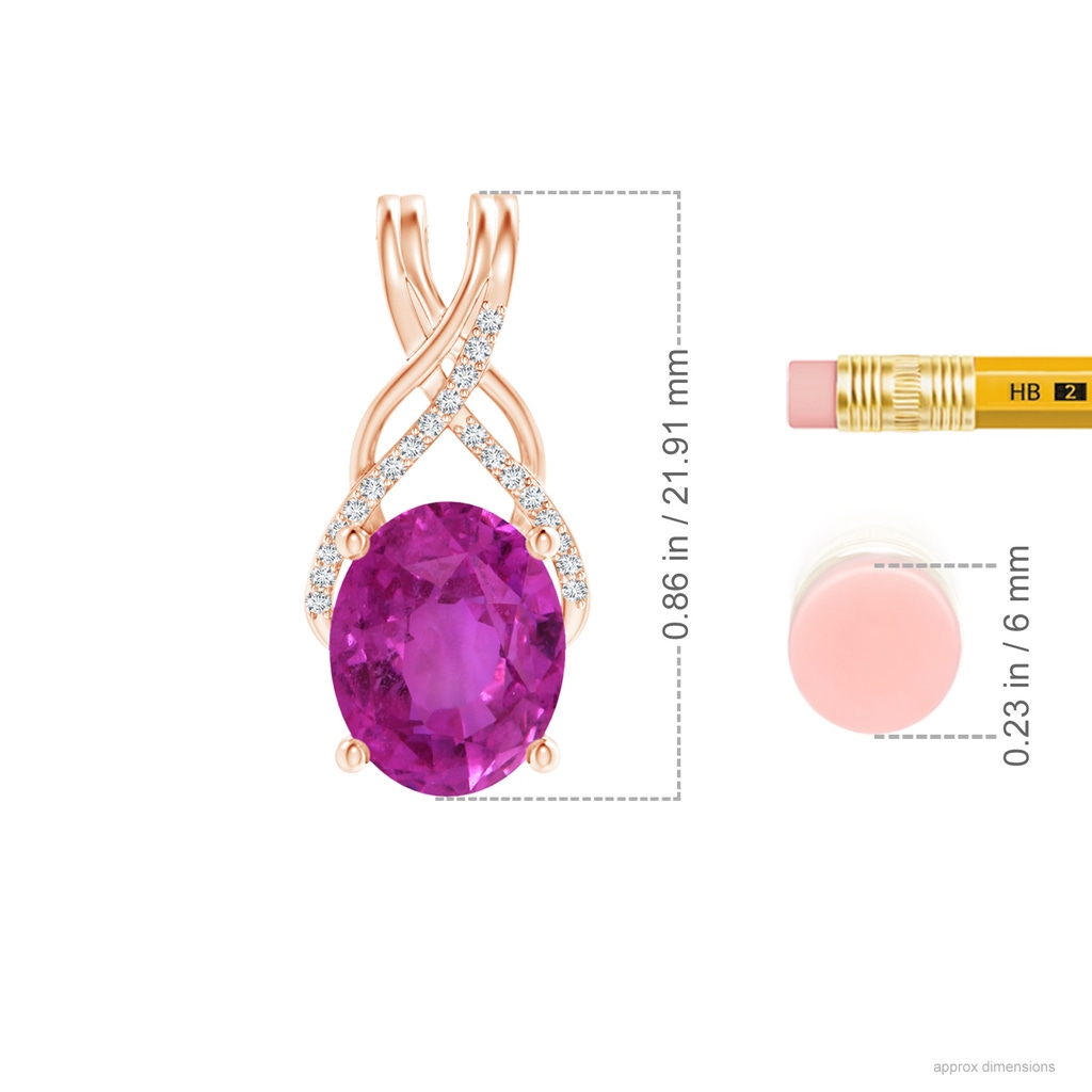 10.39x8.51x6.39mm AAA GIA Certified Oval Pink Sapphire Criss Cross Pendant with Diamonds in Rose Gold ruler