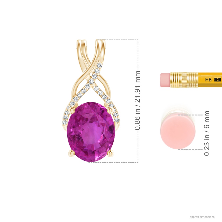 10.39x8.51x6.39mm AAA GIA Certified Oval Pink Sapphire Criss Cross Pendant with Diamonds in Yellow Gold ruler