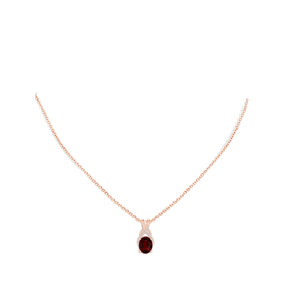 9.2x6.9mm AAAA GIA Certified Oval Ruby Criss Cross Pendant with Diamonds in 18K Rose Gold body-neck