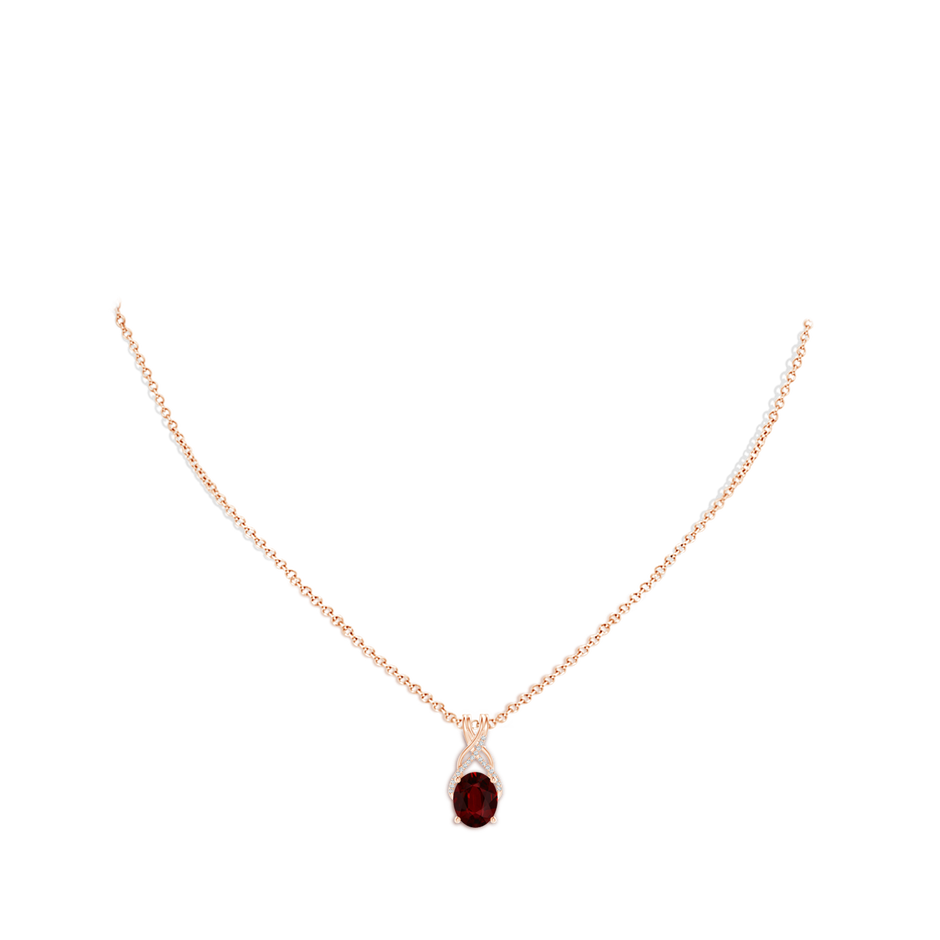 9.2x6.9mm AAAA GIA Certified Oval Ruby Criss Cross Pendant with Diamonds in Rose Gold body-neck