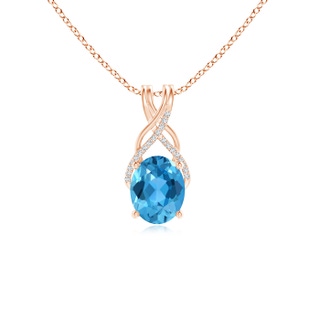 10x8mm AAA Oval Swiss Blue Topaz Criss Cross Pendant with Diamonds in Rose Gold