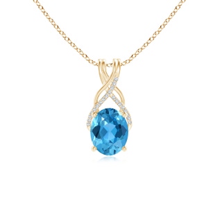 10x8mm AAA Oval Swiss Blue Topaz Criss Cross Pendant with Diamonds in Yellow Gold