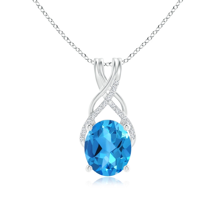 12x10mm AAAA Oval Swiss Blue Topaz Criss Cross Pendant with Diamonds in White Gold 