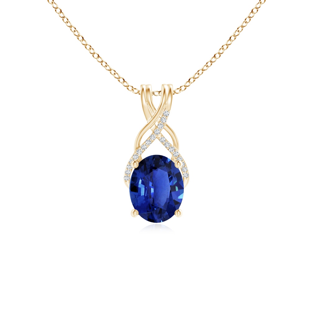 10.11x8.15x4.84mm AAAA GIA Certified Oval Sapphire Criss Cross Pendant with Diamonds in Yellow Gold