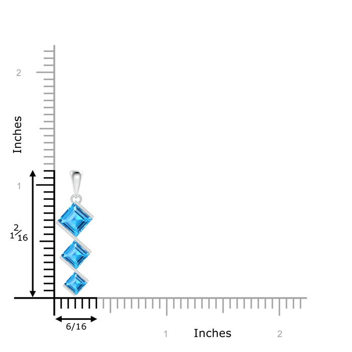6mm AAAA Bar-Set Square Swiss Blue Topaz Three Stone Pendant in P950 Platinum - ruler