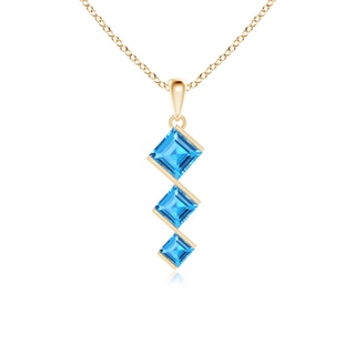 6mm AAAA Bar-Set Square Swiss Blue Topaz Three Stone Pendant in Yellow Gold