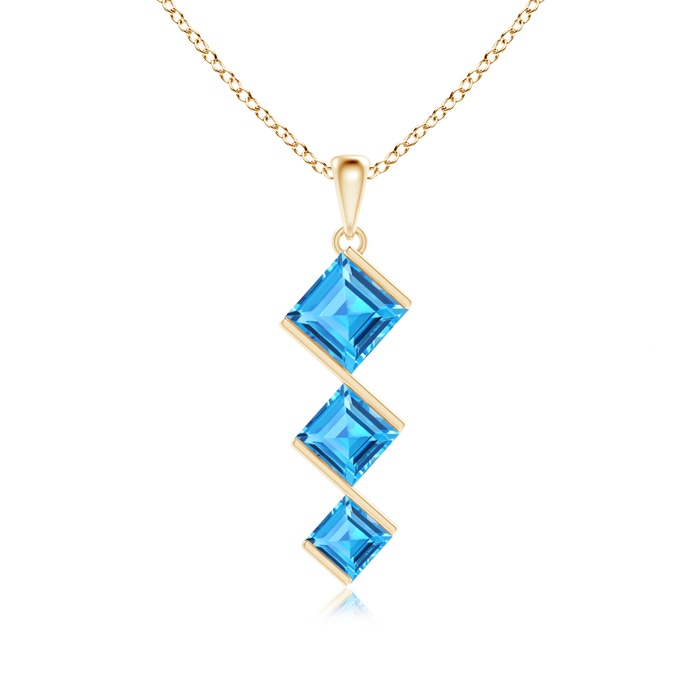 7mm AAAA Bar-Set Square Swiss Blue Topaz Three Stone Pendant in Yellow Gold 