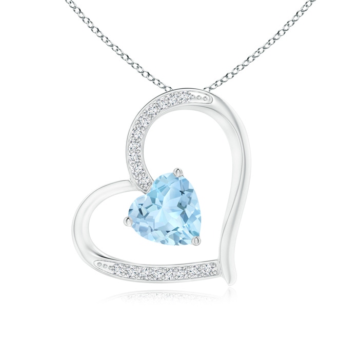 6mm AAA Aquamarine and Diamond Tilted Heart Pendant in White Gold 