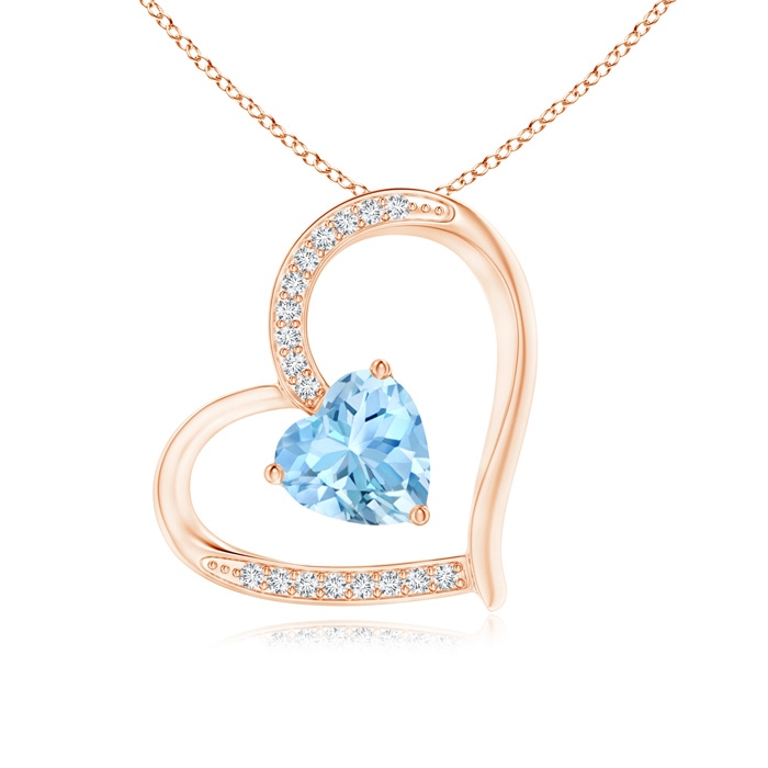 6mm AAAA Aquamarine and Diamond Tilted Heart Pendant in Rose Gold