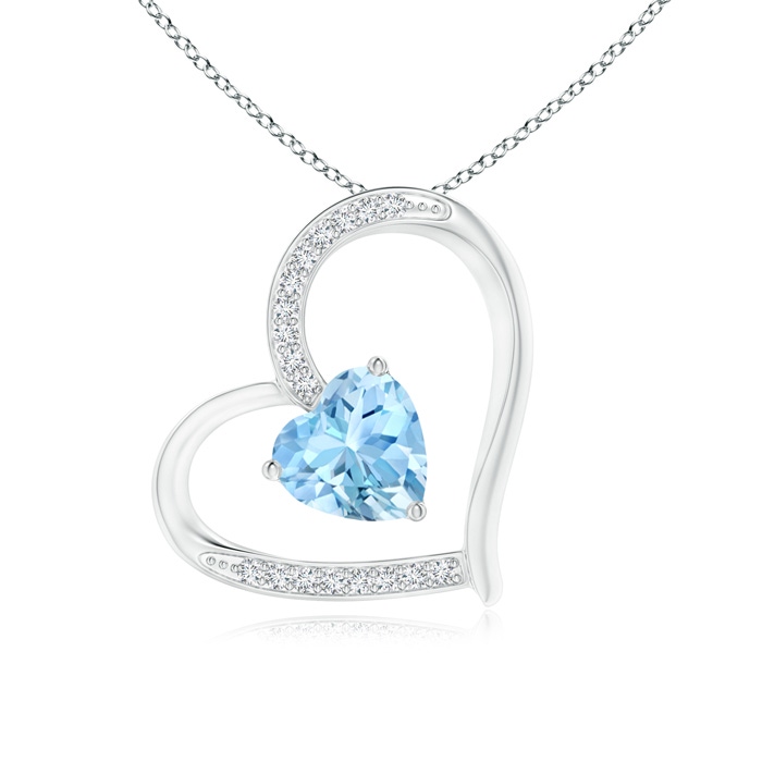 6mm AAAA Aquamarine and Diamond Tilted Heart Pendant in White Gold 