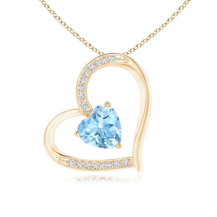6mm AAAA Aquamarine and Diamond Tilted Heart Pendant in Yellow Gold 