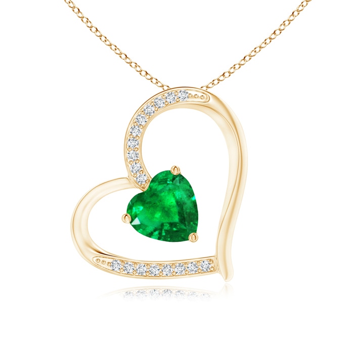 6mm AAA Emerald and Diamond Tilted Heart Pendant in 10K Yellow Gold 