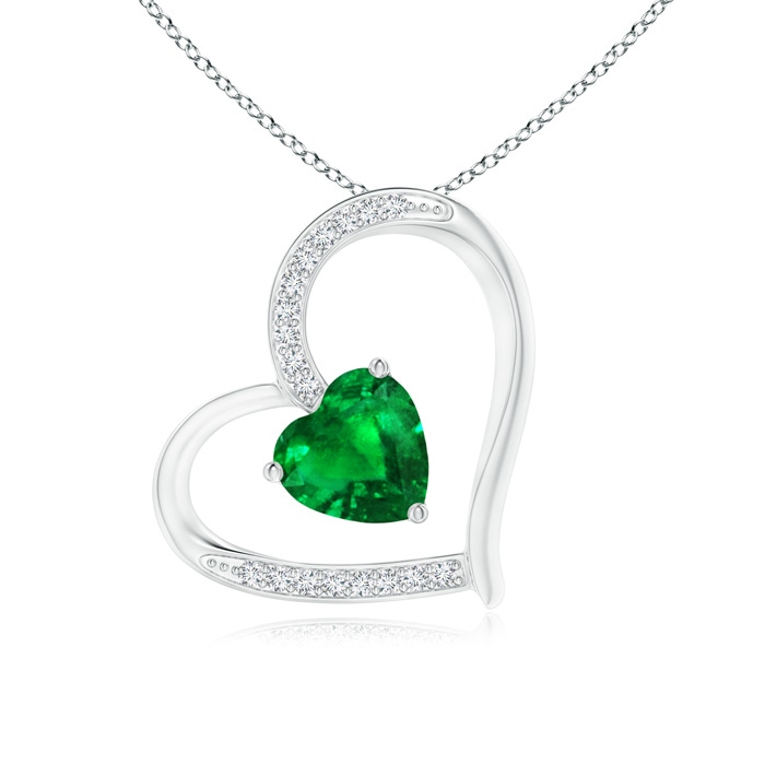 6mm AAAA Emerald and Diamond Tilted Heart Pendant in White Gold 