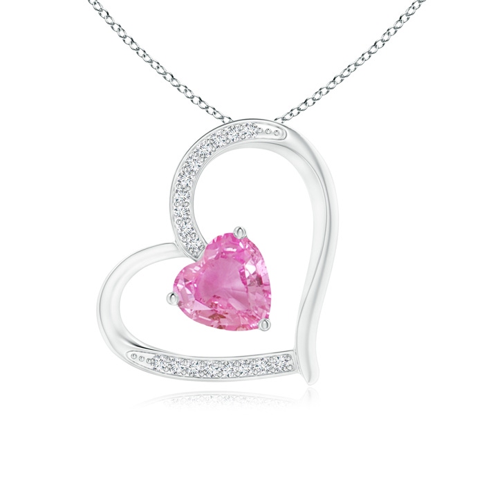 6mm AA Pink Sapphire and Diamond Tilted Heart Pendant in White Gold 