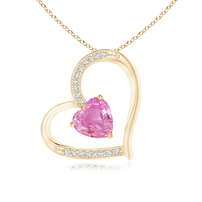6mm AA Pink Sapphire and Diamond Tilted Heart Pendant in Yellow Gold 