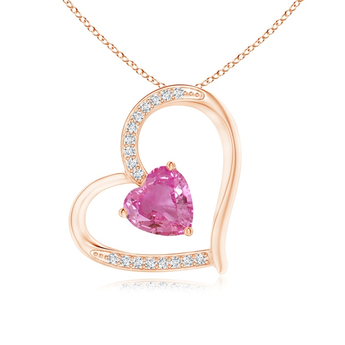 6mm AAA Pink Sapphire and Diamond Tilted Heart Pendant in Rose Gold 