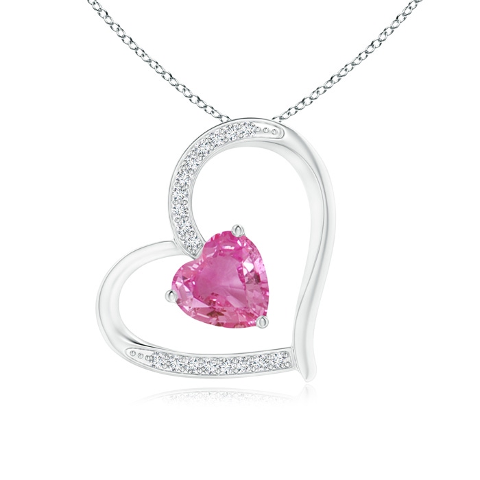 6mm AAA Pink Sapphire and Diamond Tilted Heart Pendant in White Gold