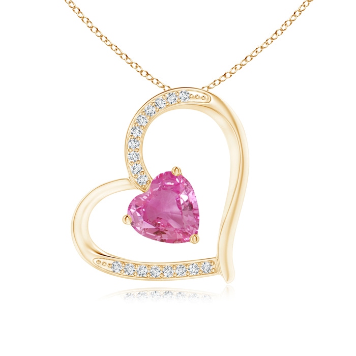 6mm AAA Pink Sapphire and Diamond Tilted Heart Pendant in Yellow Gold 