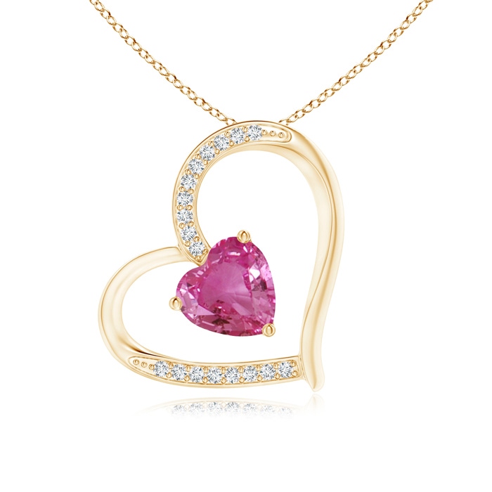 6mm AAAA Pink Sapphire and Diamond Tilted Heart Pendant in Yellow Gold 