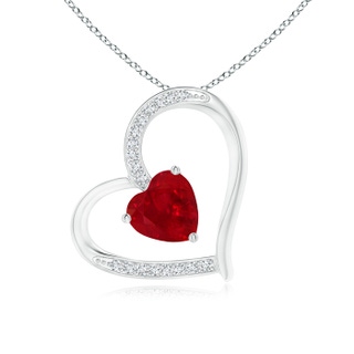 6mm AAA Ruby and Diamond Tilted Heart Pendant in White Gold