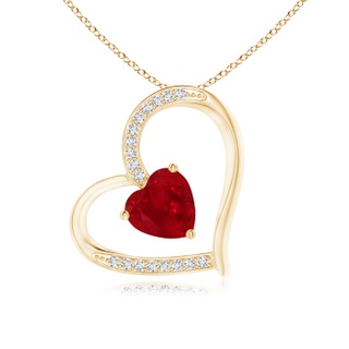 6mm AAA Ruby and Diamond Tilted Heart Pendant in Yellow Gold
