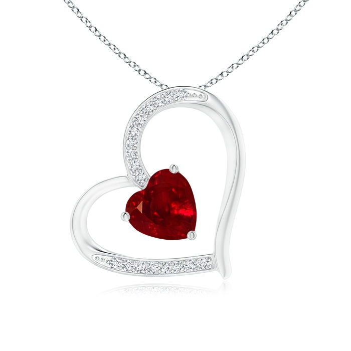 6mm AAAA Ruby and Diamond Tilted Heart Pendant in White Gold