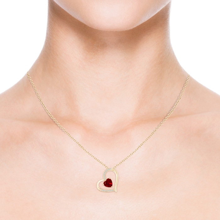 6mm AAAA Ruby and Diamond Tilted Heart Pendant in Yellow Gold Product Image