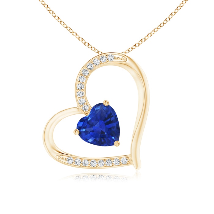 6mm AAA Sapphire and Diamond Tilted Heart Pendant in Yellow Gold 