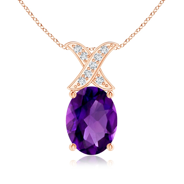 8x6mm AAAA Oval Amethyst XO Pendant with Diamonds in Rose Gold