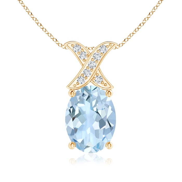 8x6mm AA Oval Aquamarine XO Pendant with Diamonds in Yellow Gold 