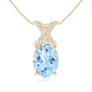 8x6mm AAA Oval Aquamarine XO Pendant with Diamonds in Yellow Gold