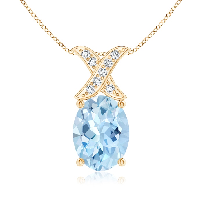 8x6mm AAA Oval Aquamarine XO Pendant with Diamonds in Yellow Gold 