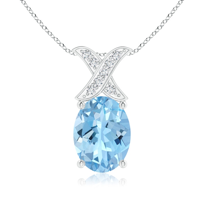 8x6mm AAAA Oval Aquamarine XO Pendant with Diamonds in S999 Silver