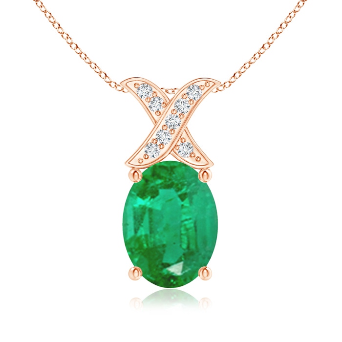 8x6mm AA Oval Emerald XO Pendant with Diamonds in Rose Gold 