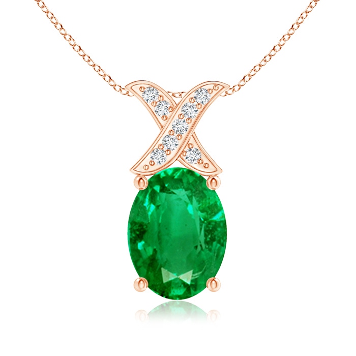 8x6mm AAA Oval Emerald XO Pendant with Diamonds in Rose Gold 